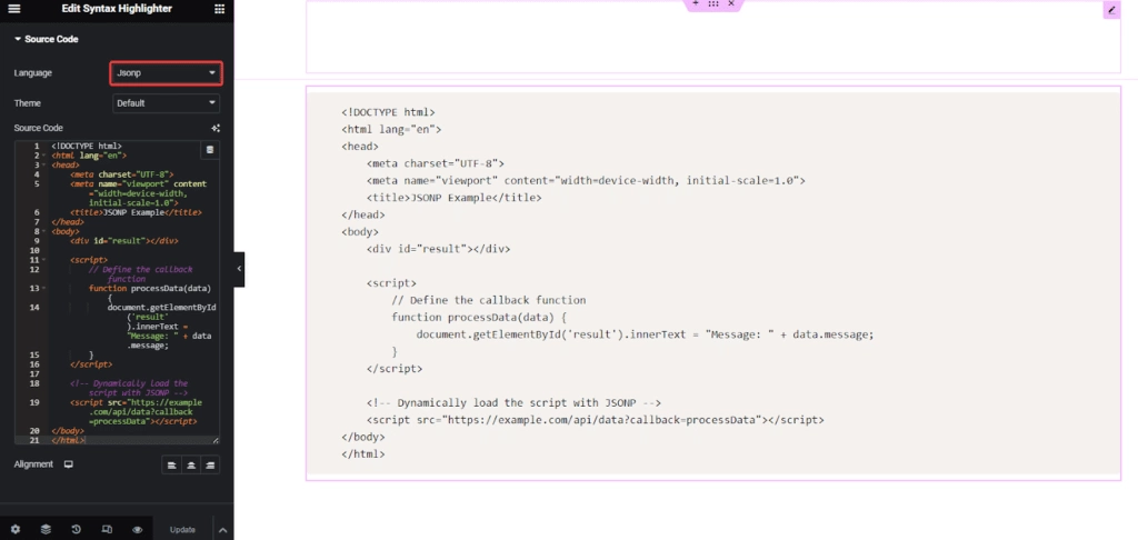 Jsonp code in syntax highlighter