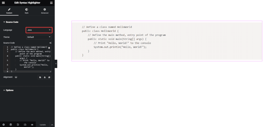 Java Code in Syntax Highlighter | The Plus Addons for Elementor Html code in syntax highlighter