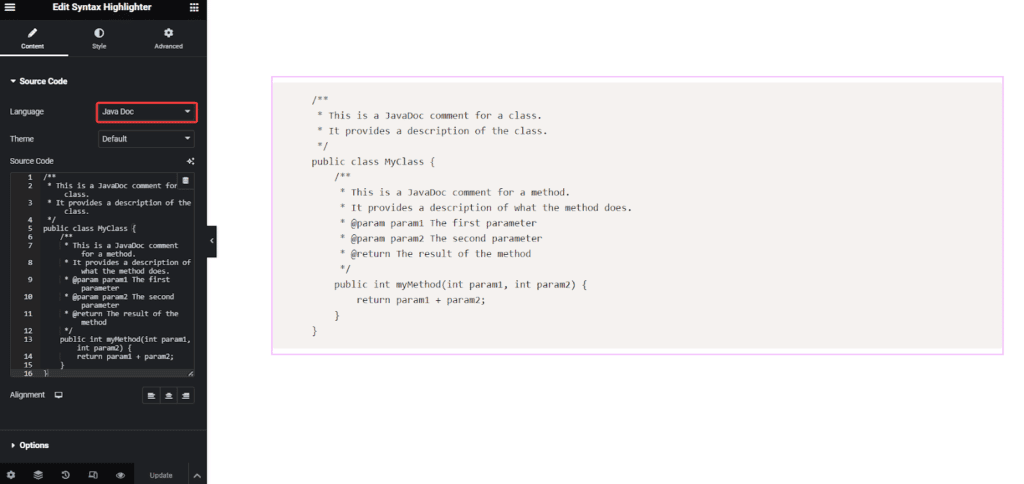 Java Doc Code in Syntax Highlighter | The Plus Addons for Elementor Java doc code in syntax highlighter