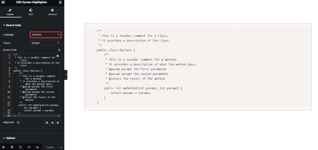 Java doc code in syntax highlighter