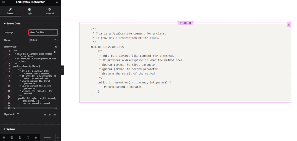 Java Doc Like Code in Syntax Highlighter | The Plus Addons for Elementor Java doc-like code in syntax highlighter