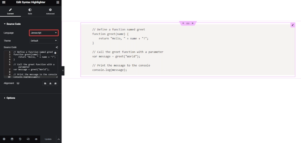 Javascript code in syntax highlighter