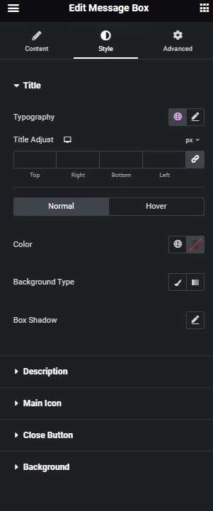 Message box style  message box: settings overview from the plus addons for elementor