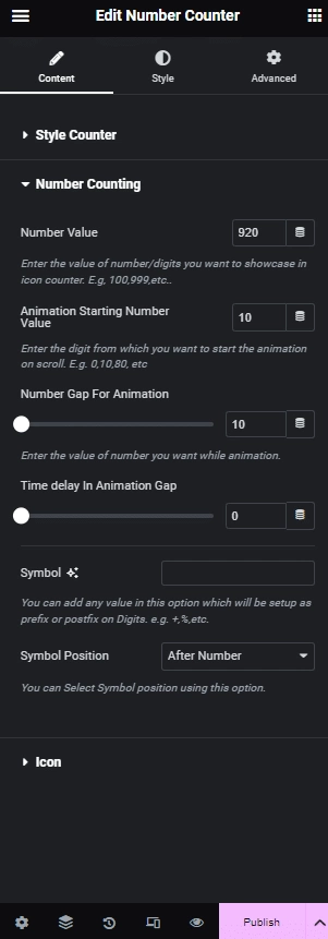 Number counting number counter: settings overview from the plus addons for elementor