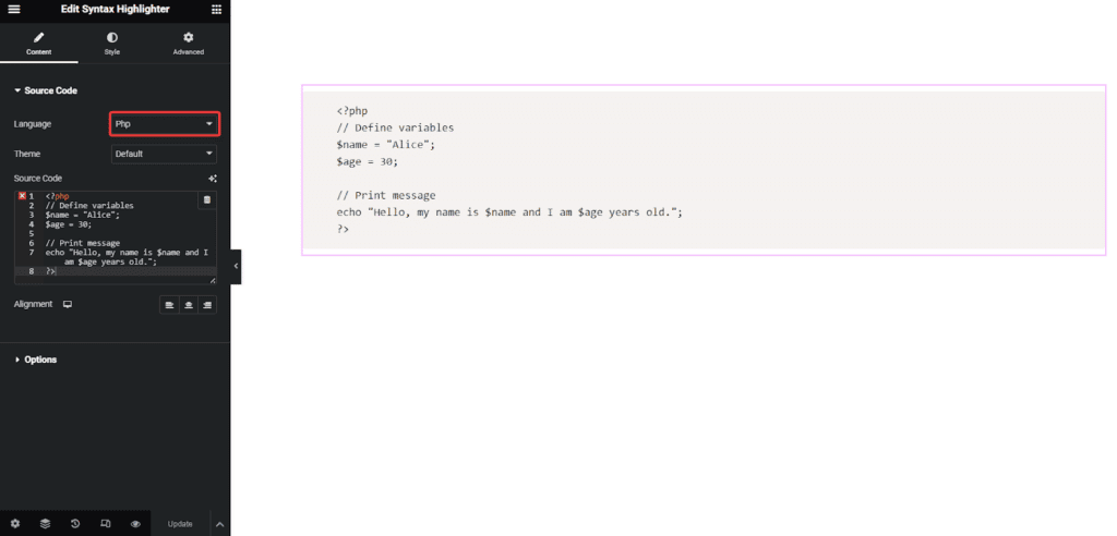 PHP Code in Syntax Highlighter | The Plus Addons for Elementor Php code in syntax highlighter