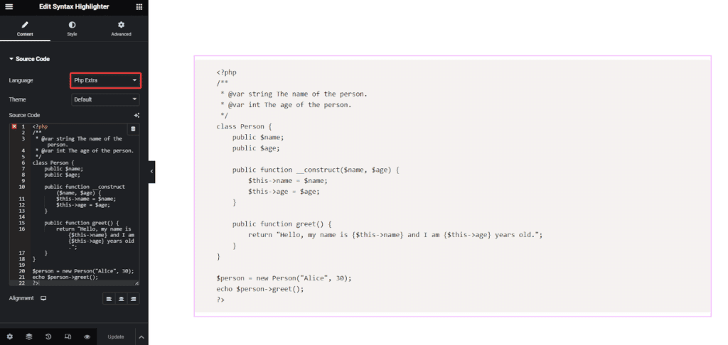 PHP Extra in Syntax Highlighter | The Plus Addons for Elementor Php extra in syntax highlighter