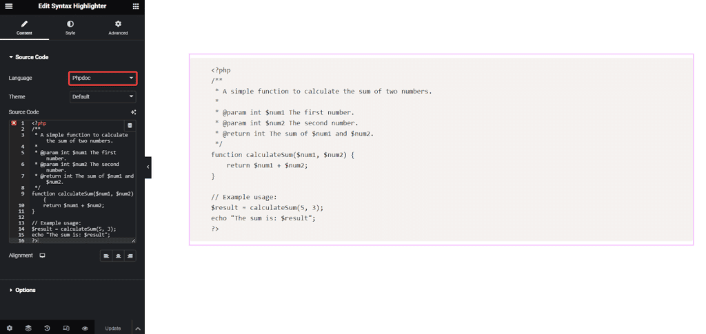 PHPDoc in Syntax Highlighter | The Plus Addons for Elementor Phpdoc in syntax highlighter