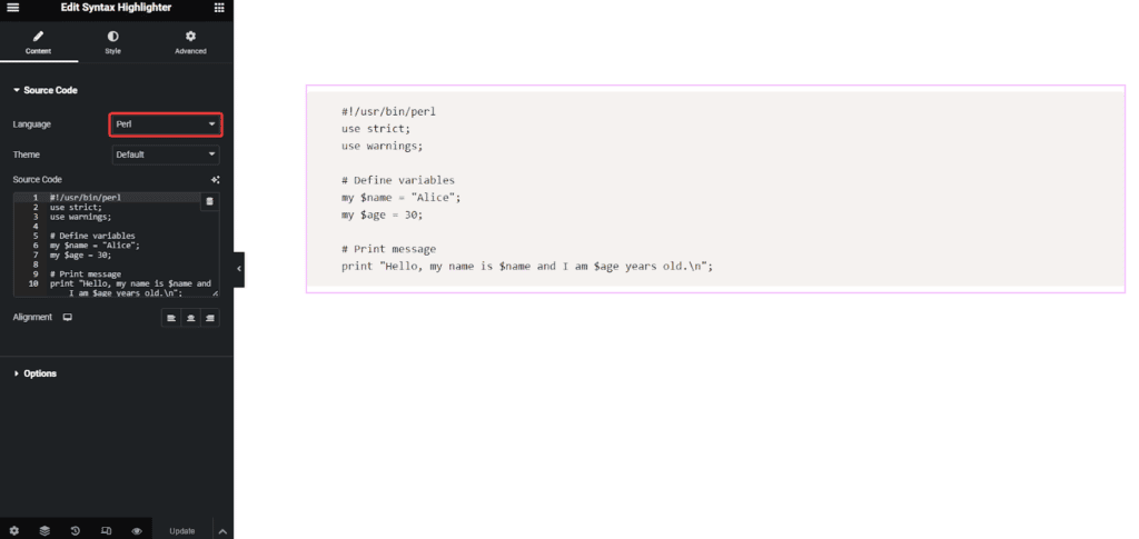 Perl Code in Syntax Highlighter | The Plus Addons for Elementor Perl code in syntax highlighter