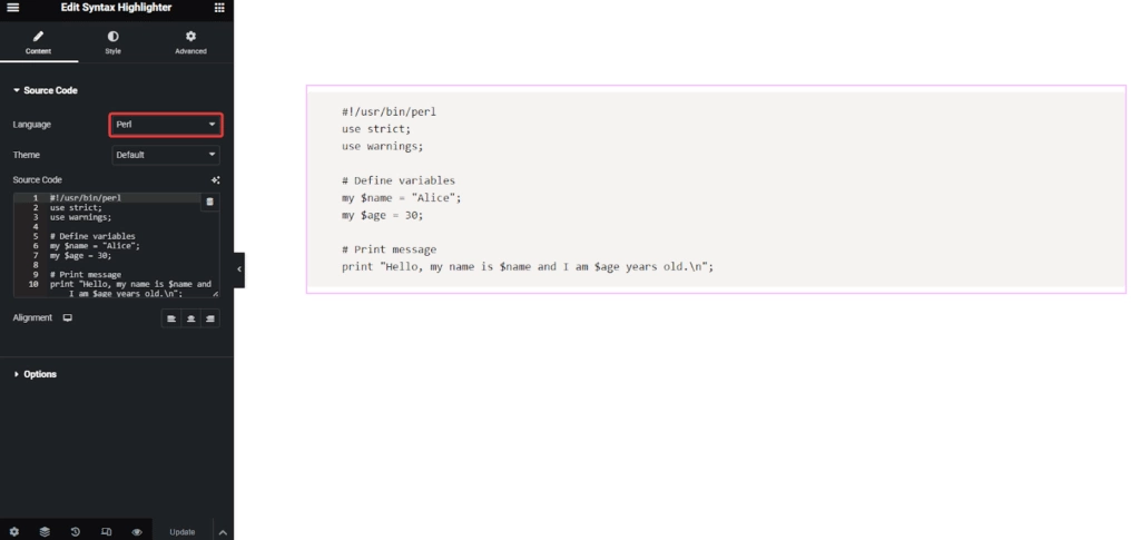 Perl code in syntax highlighter