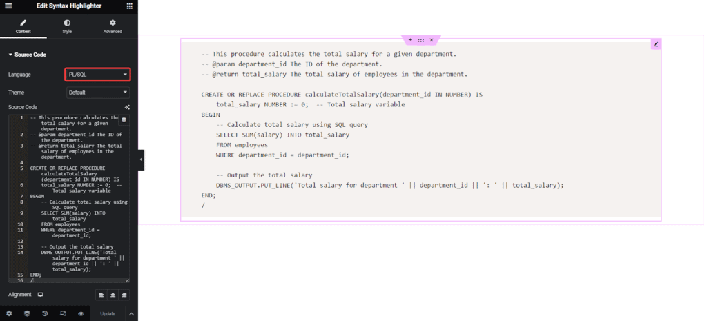 PlSQL in Syntax Highlighter | The Plus Addons for Elementor Plsql in syntax highlighter