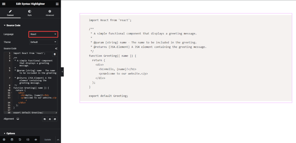 React in Syntax Highlighter | The Plus Addons for Elementor React in syntax highlighter