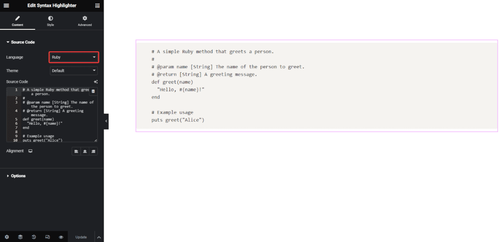 Ruby in Syntax Highlighter | The Plus Addons for Elementor Ruby in syntax highlighter