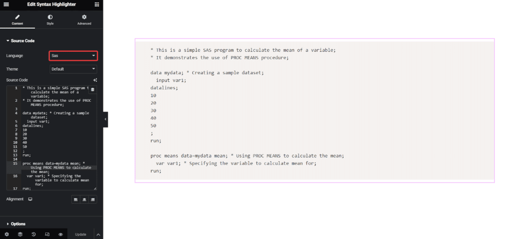 SAS in Syntax Highlighter | The Plus Addons for Elementor Sas in syntax highlighter
