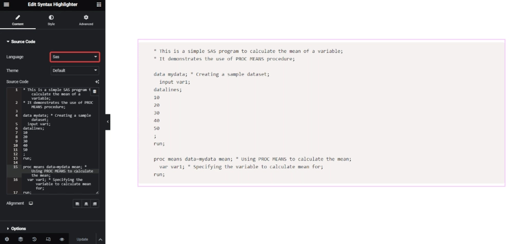 Sas in syntax highlighter