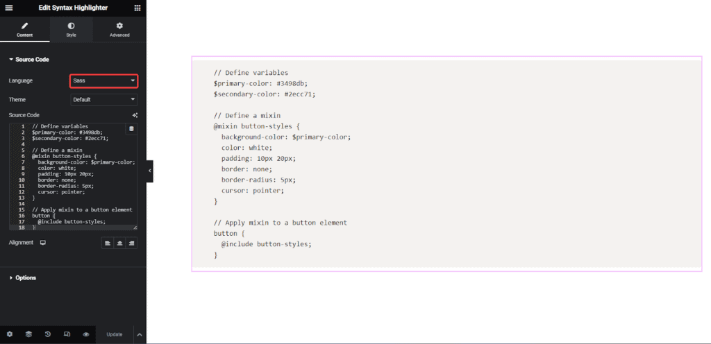 SASS in Syntax Highlighter | The Plus Addons for Elementor Sass in syntax highlighter