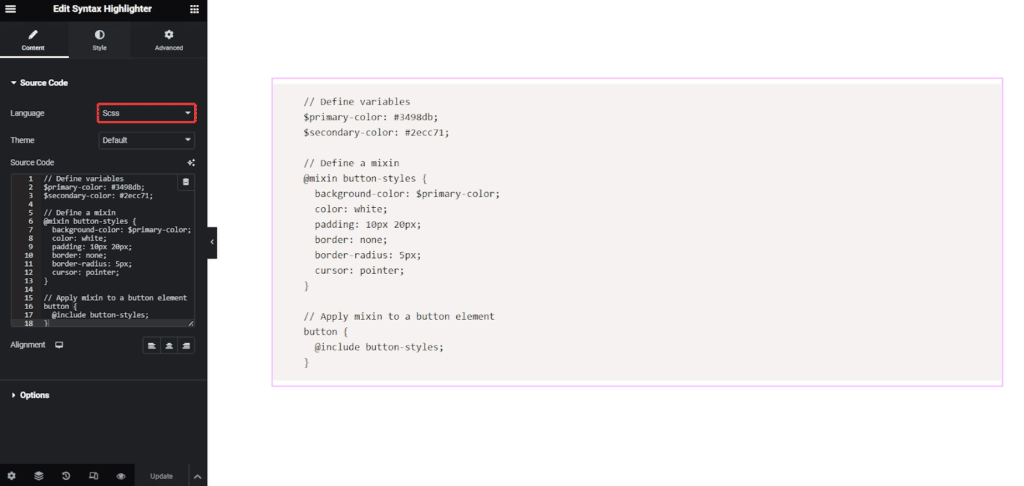 SCSS in Syntax Highlighter | The Plus Addons for Elementor Scss in syntax highlighter