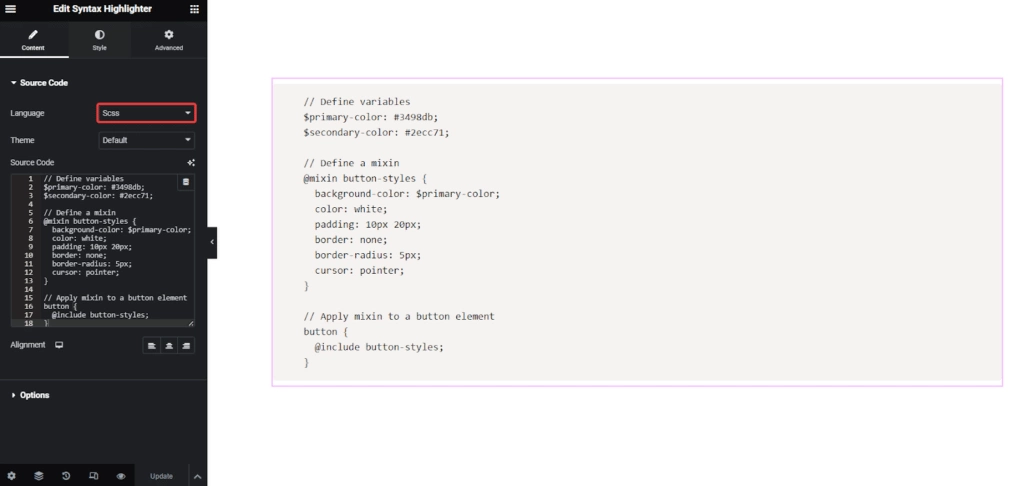 Scss in syntax highlighter