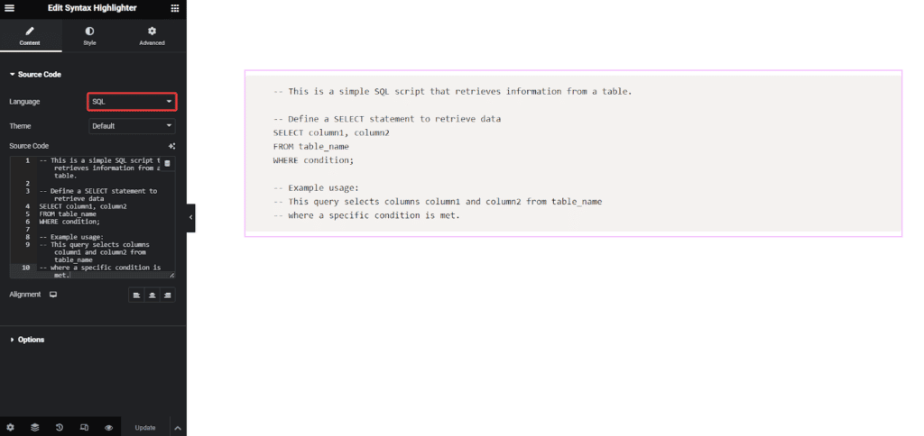 SQL in Syntax Highlighter | The Plus Addons for Elementor Sql-in-syntax-highlighter