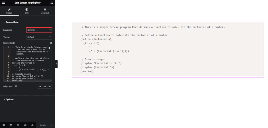 Scheme in Syntax Highlighter | The Plus Addons for Elementor Scheme in syntax highlighter