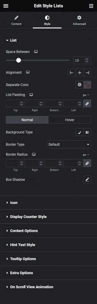 Style lists style settings