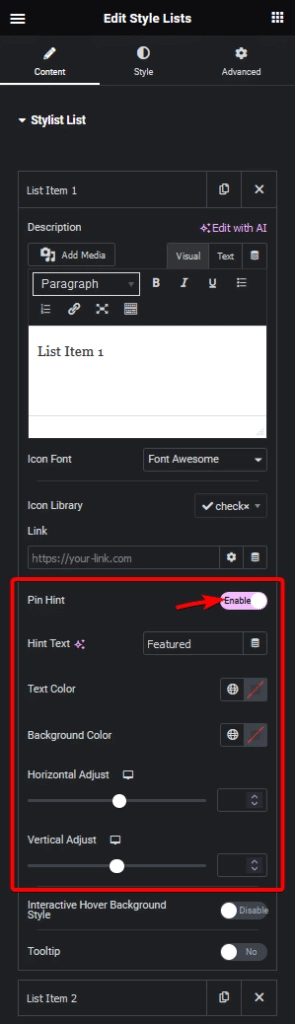 Stylish list pin hint settings