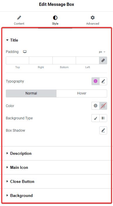 Tpae messagebox style message box: settings overview from the plus addons for elementor