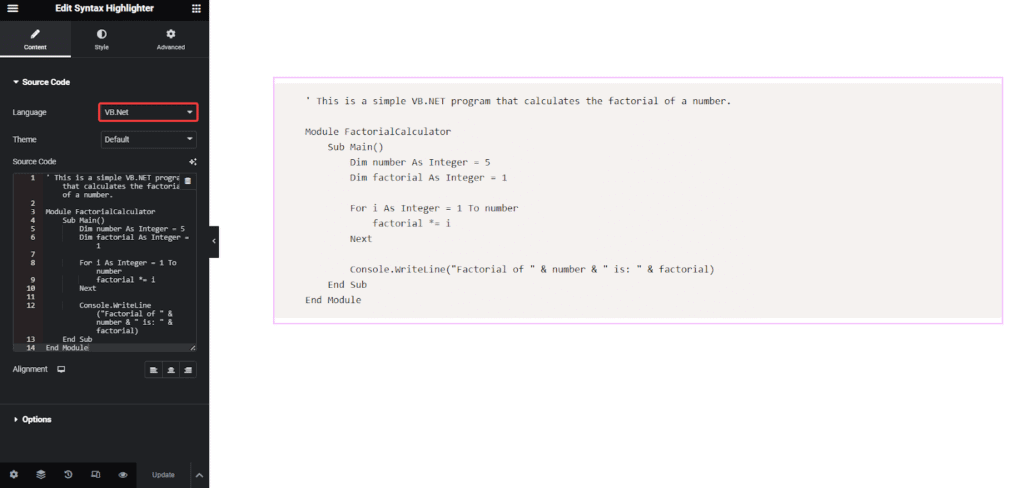 VB.Net in Syntax Highlighter | The Plus Addons for Elementor Vb. Net in syntax highlighter