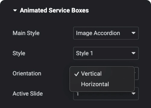Vertical horizontal image accordion animated service boxes from the plus addons for elementor