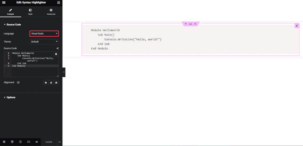 Visual Basic in Syntax Highlighter | The Plus Addons for Elementor Visual basic in syntax highlighter