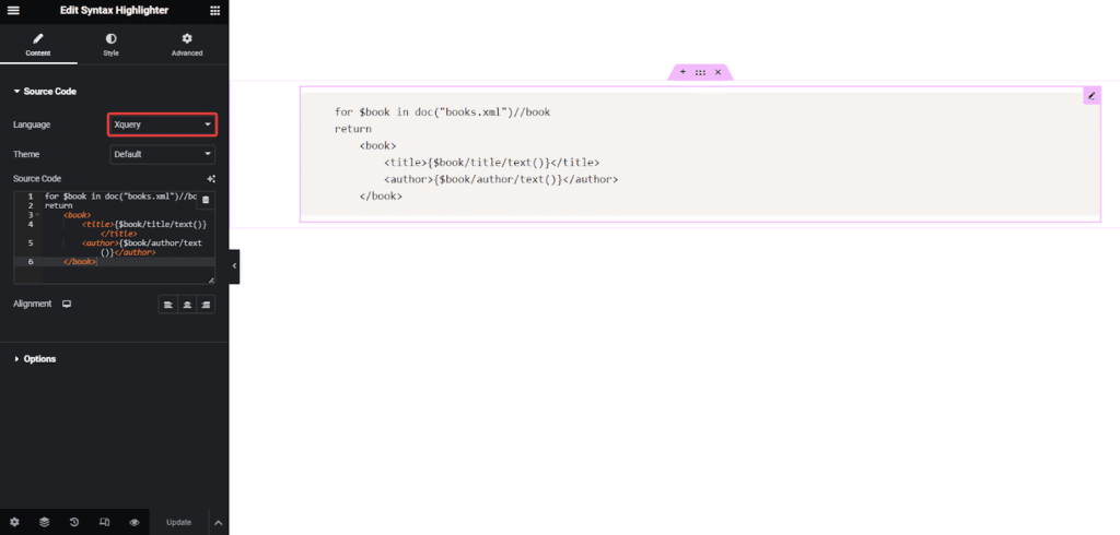 XQuery in Syntax Highlighter | The Plus Addons for Elementor Xquery in syntax highlighter
