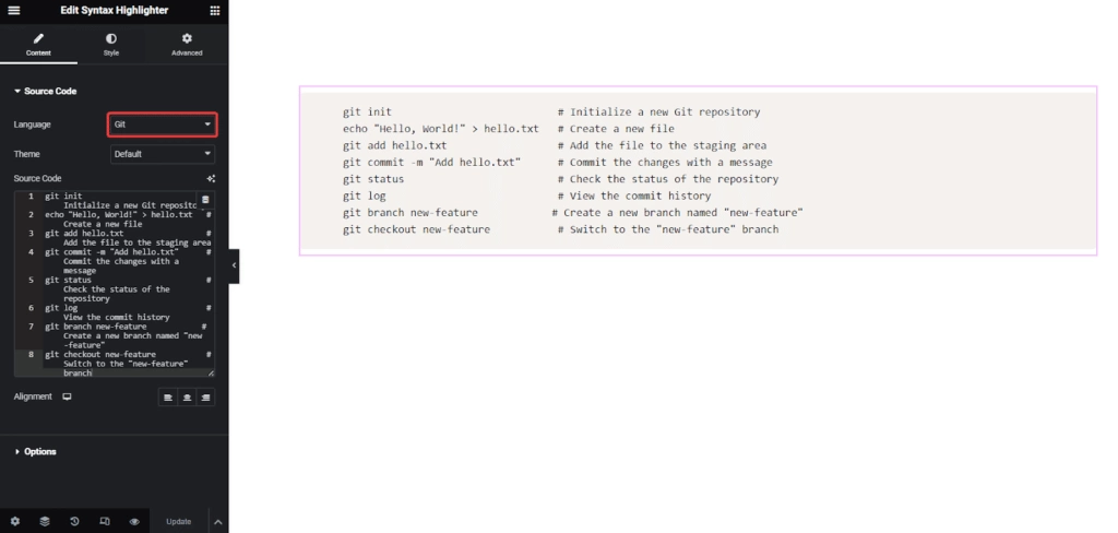 Image 1 syntax highlighter: settings overview from the plus addons for elementor