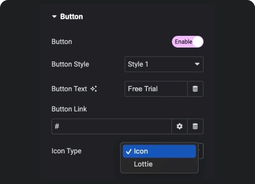 Add button with icon lottie pricing table from the plus addons for elementor