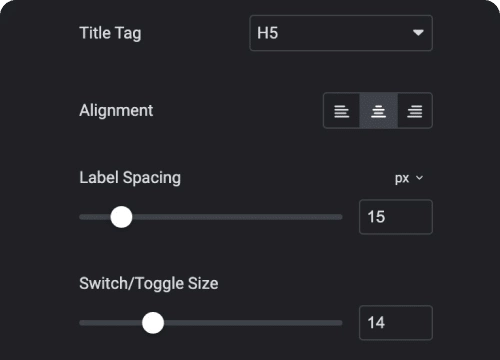 Alignment size spacing controls for toggle switcher for elementor from the plus addons for elementor