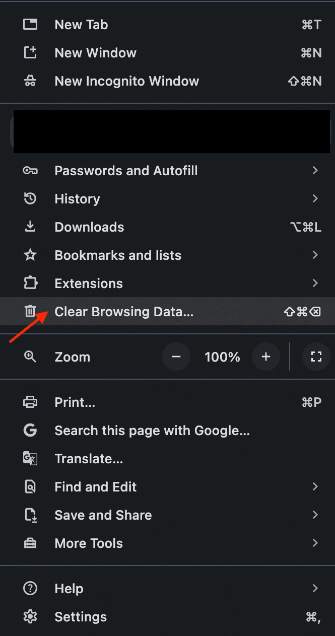 Chrome browser settings showing clear browsing data option