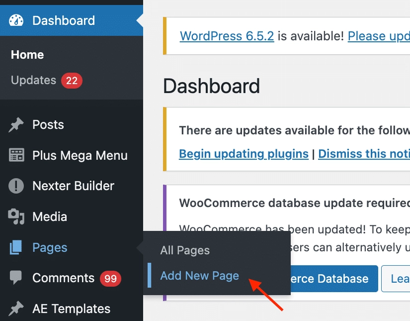 Create a new page in wordpress