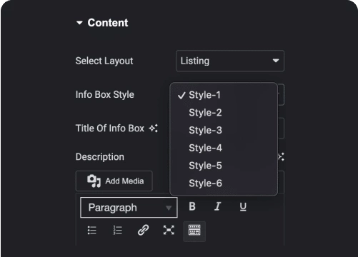 Multiple layout styles info box for elementor from the plus addons for elementor
