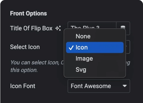 Select fa icon image or custom svg flipbox from the plus addons for elementor