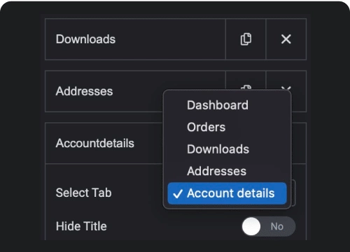 Add all account tabs woo my account page from the plus addons for elementor