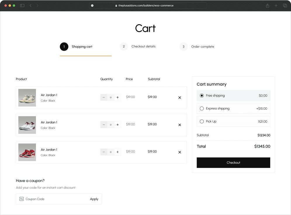 Cart page light theme woocommerce cart page from the plus addons for elementor