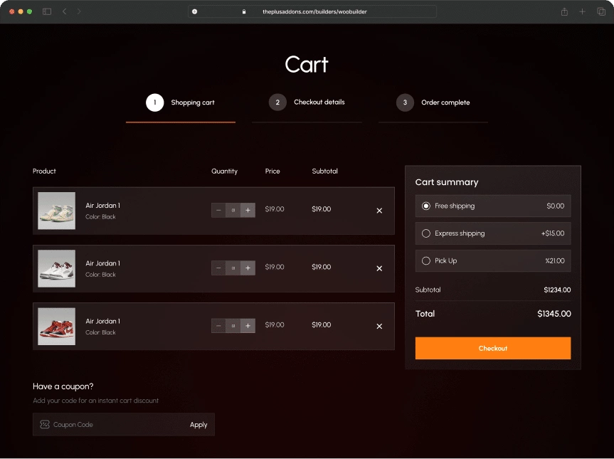 Cart page to premium after woocommerce cart page from the plus addons for elementor