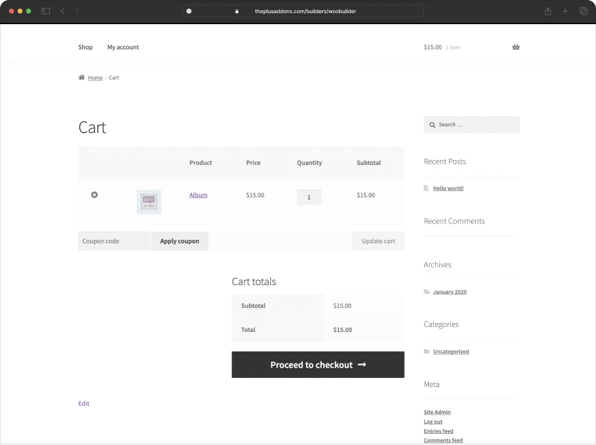 Cart page to premium before woocommerce cart page from the plus addons for elementor