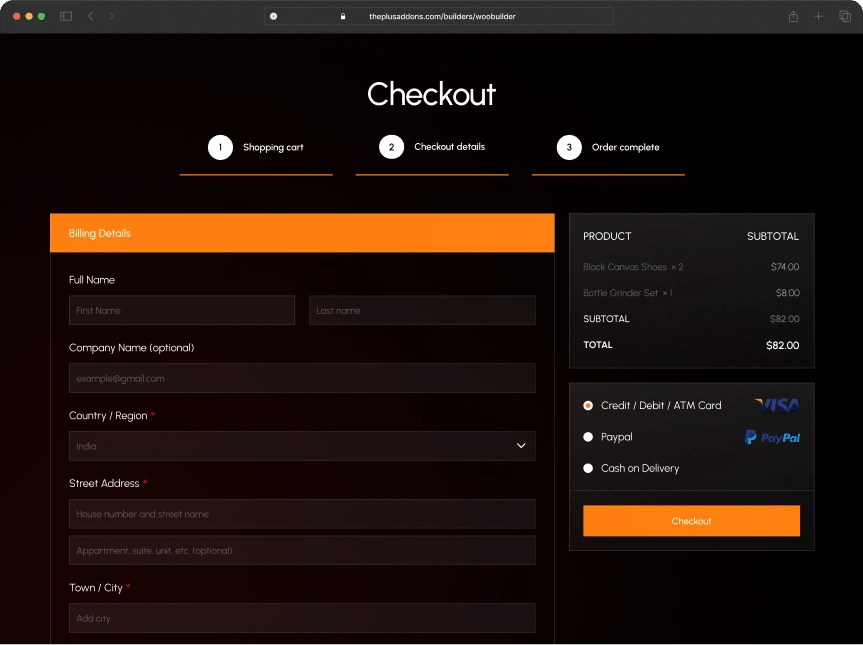 Checkout after woocommerce checkout page from the plus addons for elementor