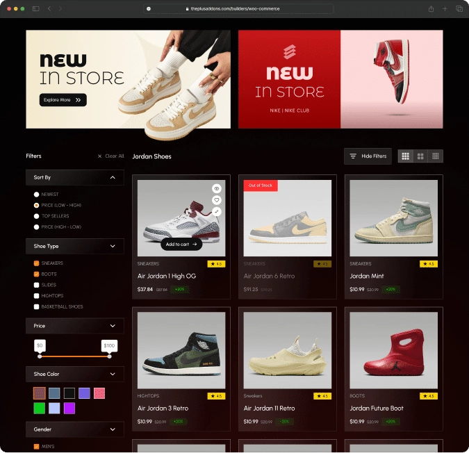 Product listing page with ajax filters after woocommerce store builder for elementor from the plus addons for elementor