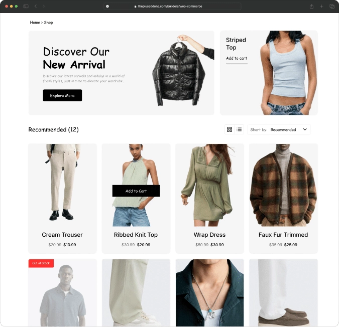 Product listing page with ajax filters before woocommerce store builder for elementor from the plus addons for elementor