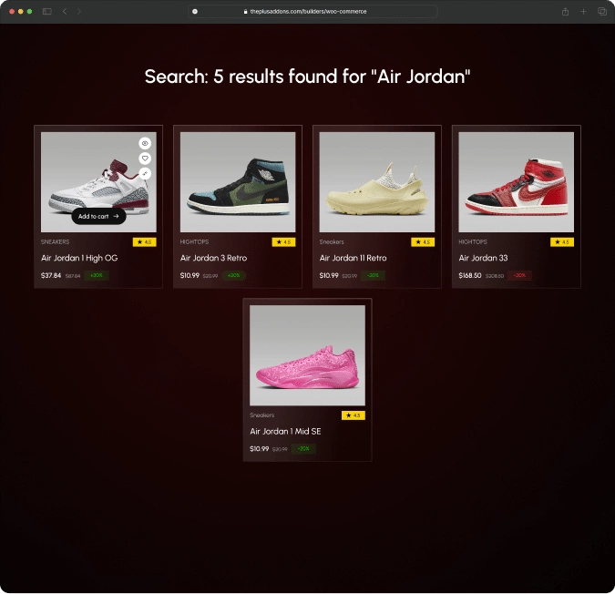 Product search page after woocommerce store builder for elementor from the plus addons for elementor