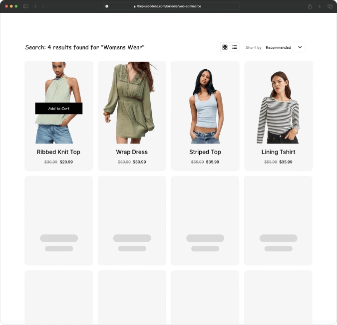 Product search page before woocommerce store builder for elementor from the plus addons for elementor