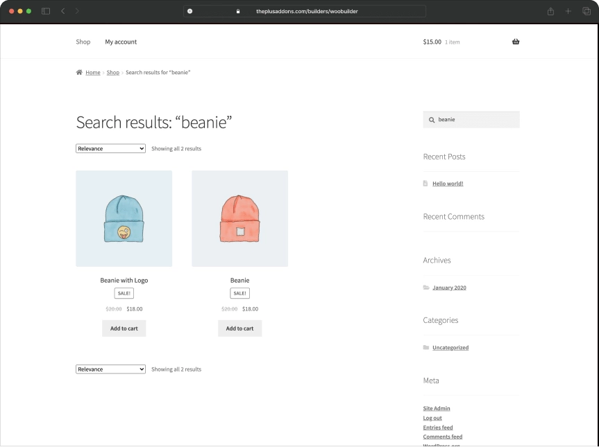 Product search page to premium before product search page from the plus addons for elementor
