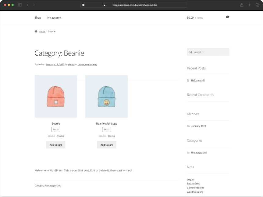 Product category page to premium before product category page from the plus addons for elementor