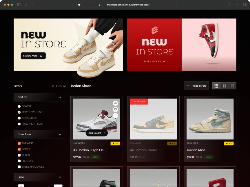 Product listing after product listing page with ajax filters from the plus addons for elementor