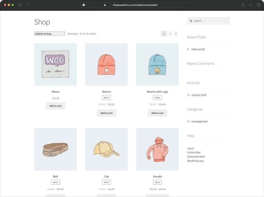 Product listing before product listing page with ajax filters from the plus addons for elementor